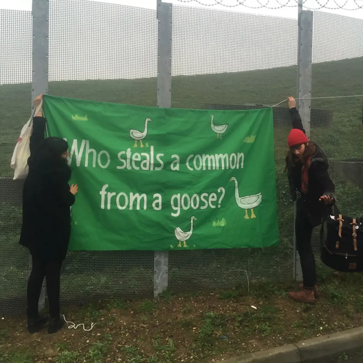 Two campaigners hold a hand-painted green banner against the reservoir fence. It reads: Who steals a common from a goose?